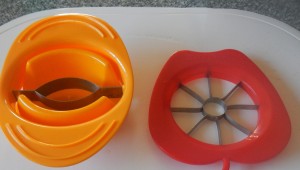 on the left a mango slicer and on the right an apple slicer and corer