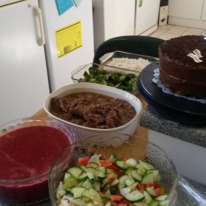 Salad, gazpacho, lemon and herb roast, rice and veg and a chocolate cake for dessert 