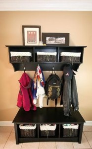 Coat hooks and bags as well as space for storing smaller items